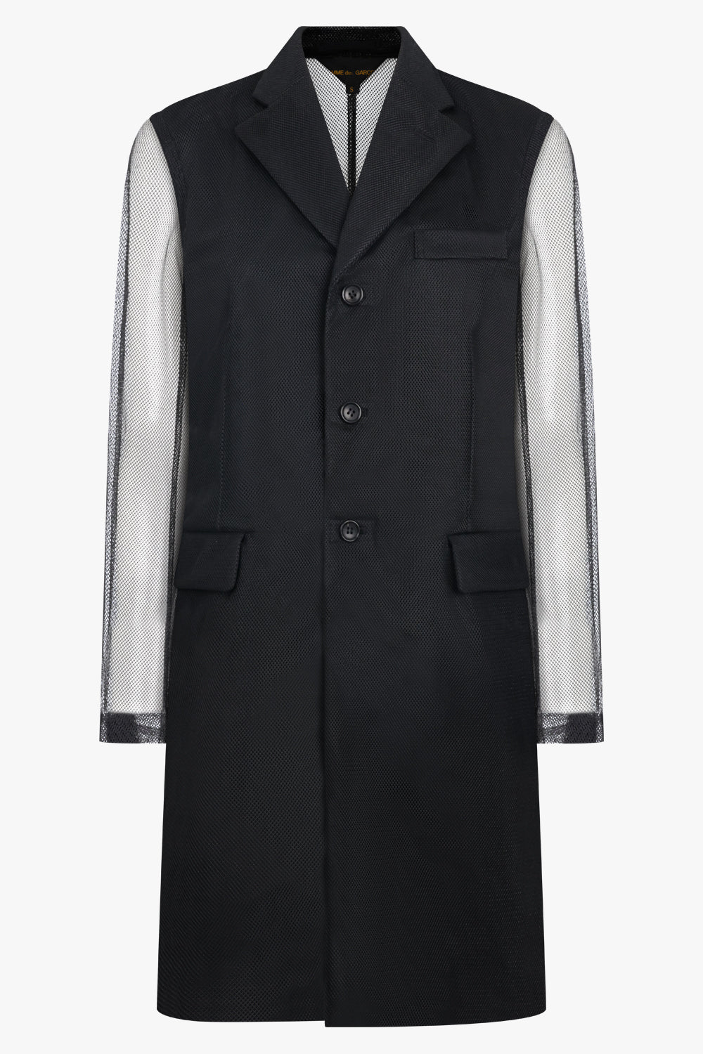 Tulle Overlay Tailored Long Coat With Sheer Sleeves | Black