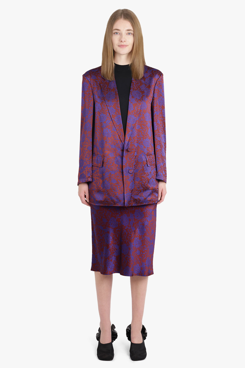 Basti Floral Jacquard Single Breasted  Jacket | Burgundy/Purple