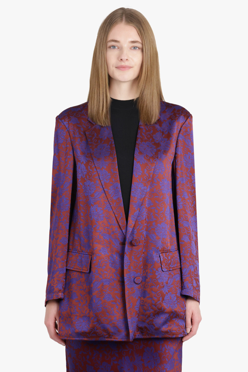 Basti Floral Jacquard Single Breasted  Jacket | Burgundy/Purple