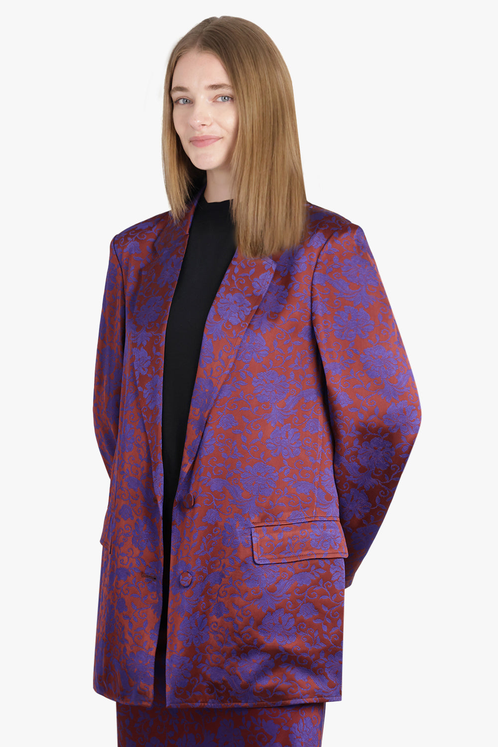 Basti Floral Jacquard Single Breasted  Jacket | Burgundy/Purple