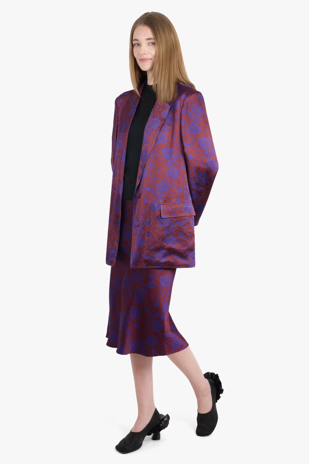 Basti Floral Jacquard Single Breasted  Jacket | Burgundy/Purple