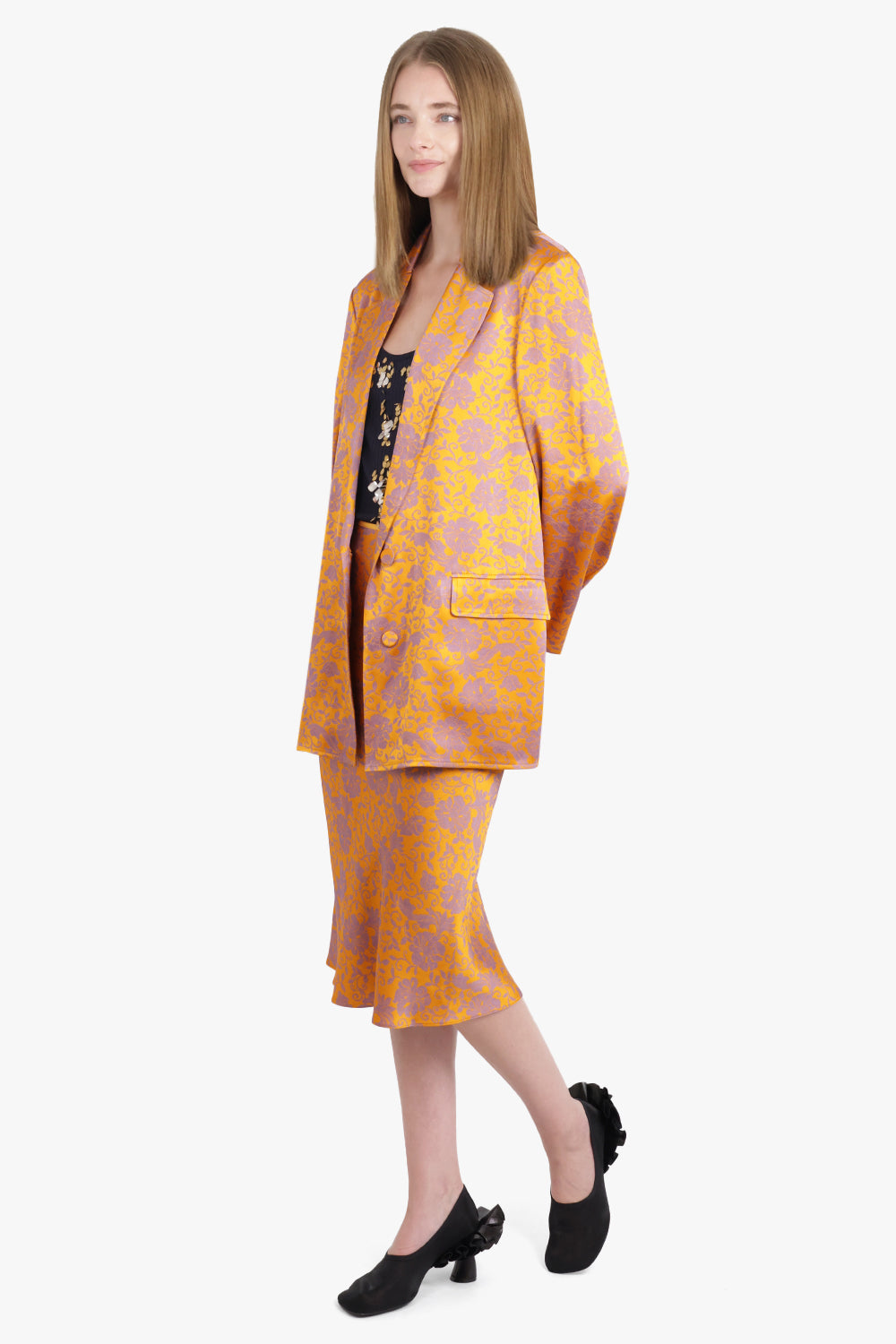 Basti Floral Jacquard Single Breasted  Jacket | Mandarin/Lilac