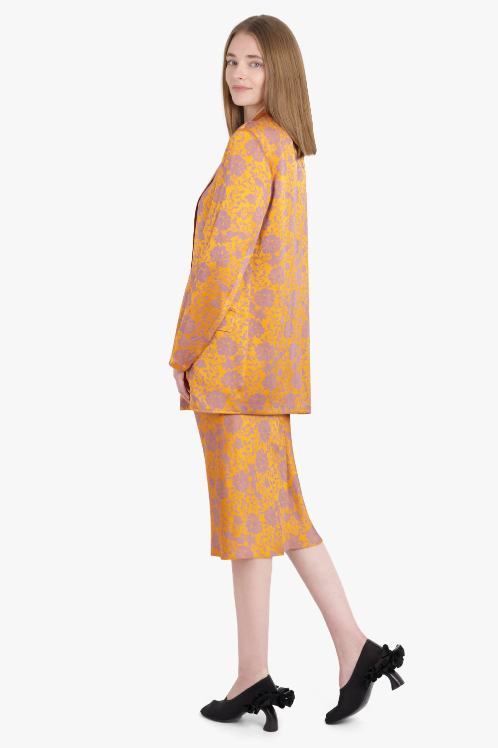 Basti Floral Jacquard Single Breasted  Jacket | Mandarin/Lilac