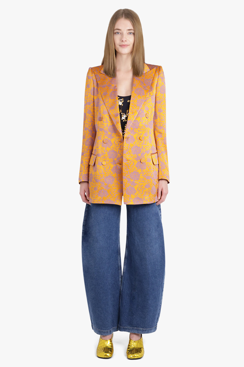 Byla Floral Jacquard Double Breasted Jacket | Mandarin/Lilac