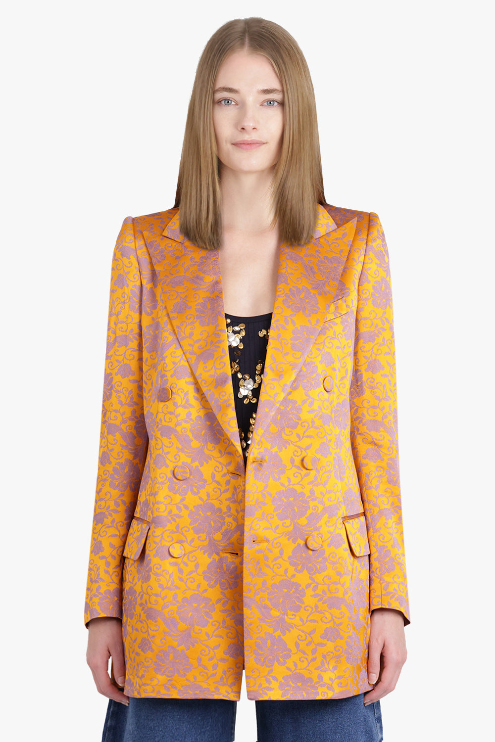 Byla Floral Jacquard Double Breasted Jacket | Mandarin/Lilac