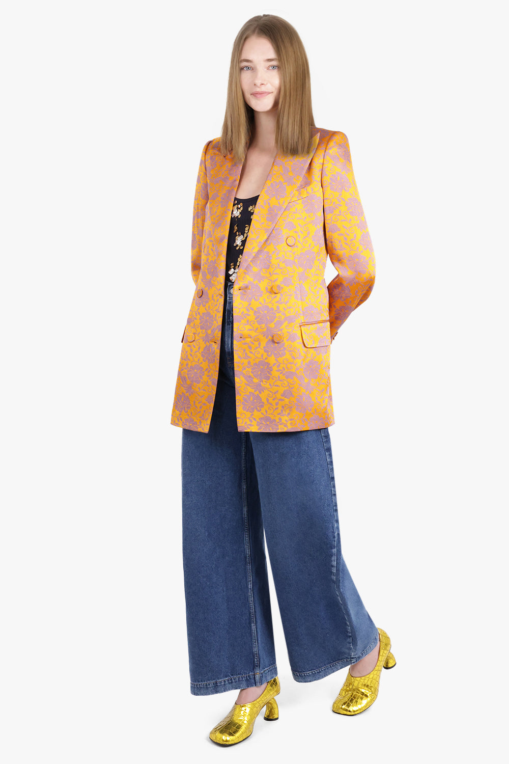 Byla Floral Jacquard Double Breasted Jacket | Mandarin/Lilac