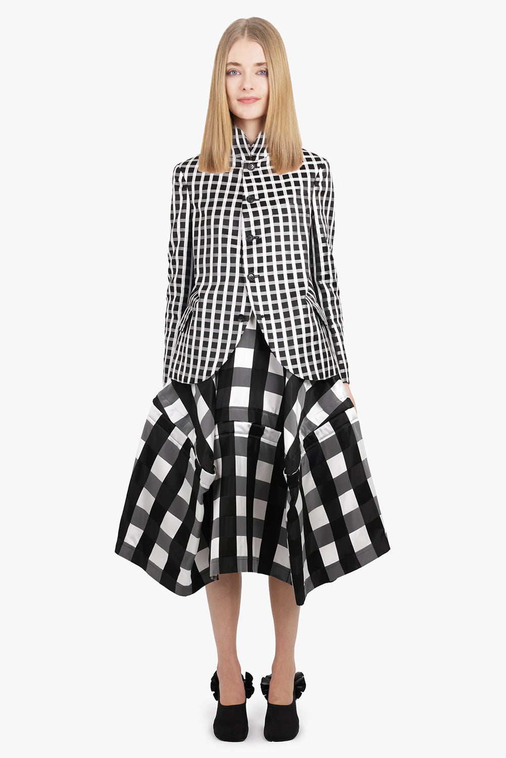Round Collar Check Print Jacket With Curved Front | Black/White