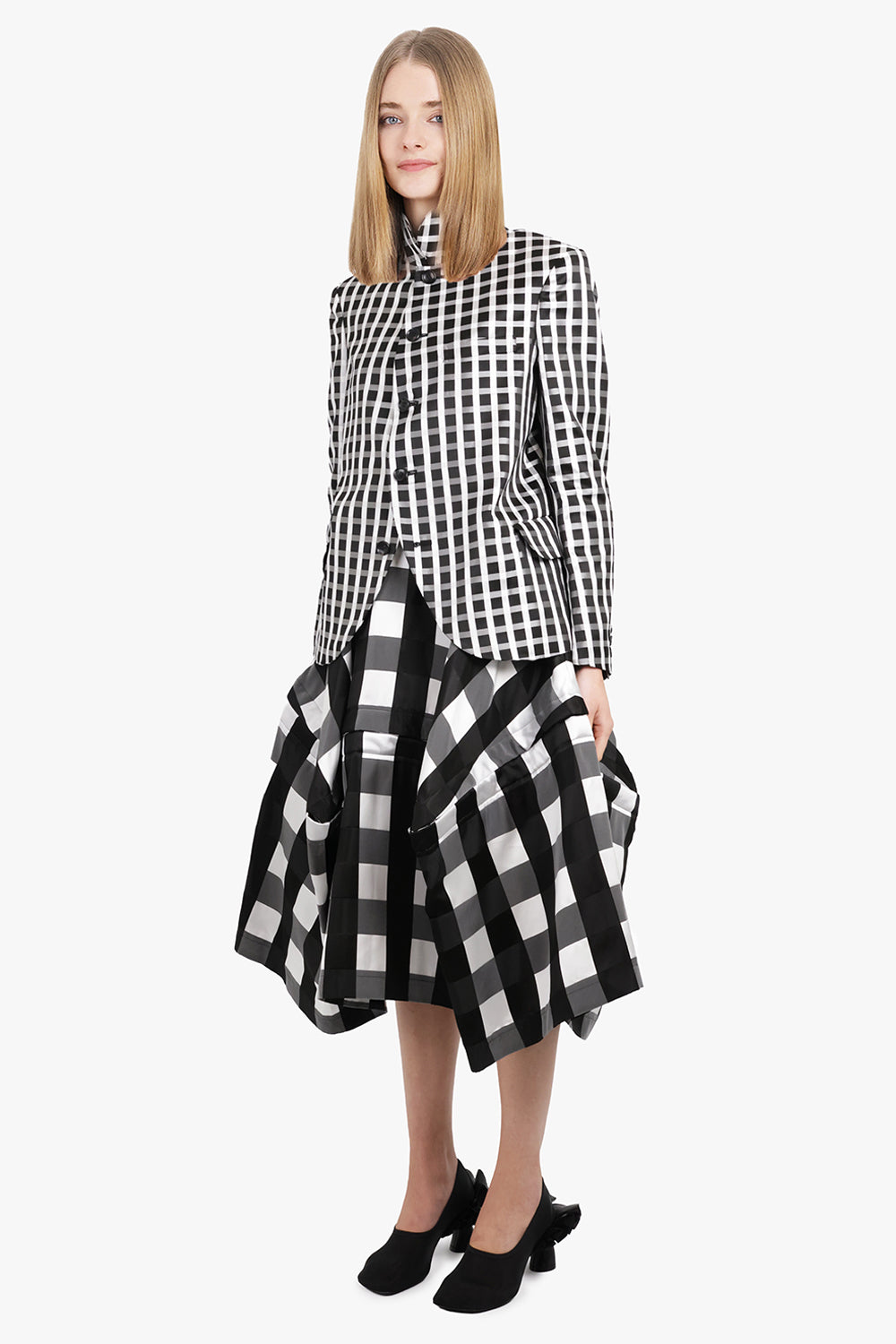 Round Collar Check Print Jacket With Curved Front | Black/White