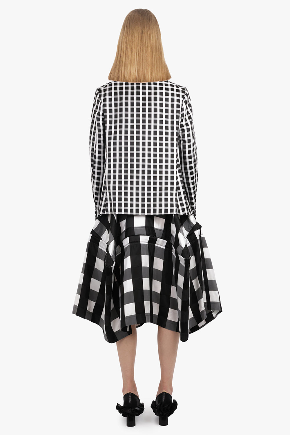 Round Collar Check Print Jacket With Curved Front | Black/White