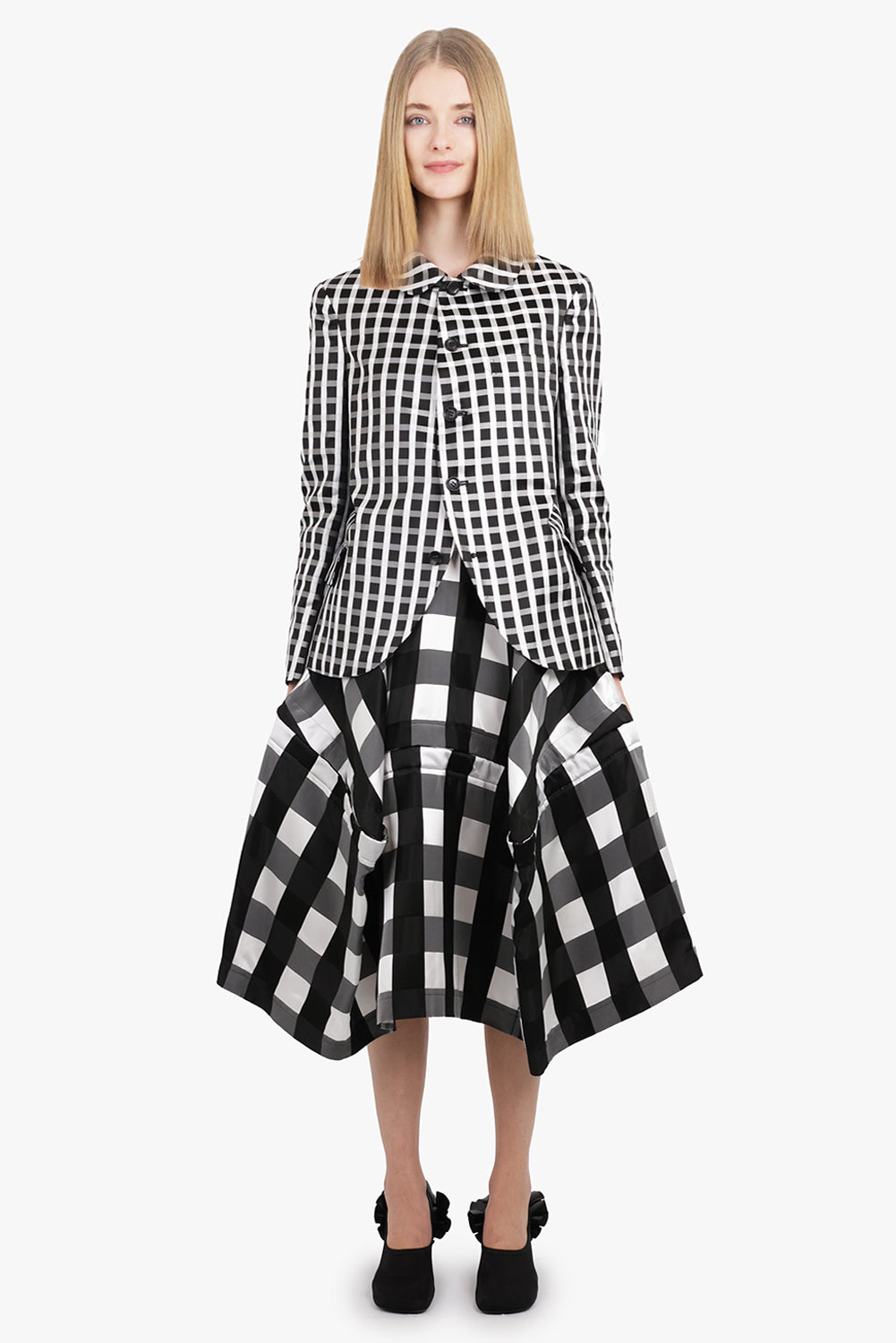 Round Collar Check Print Jacket With Curved Front | Black/White