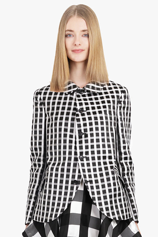 Round Collar Check Print Jacket With Curved Front | Black/White