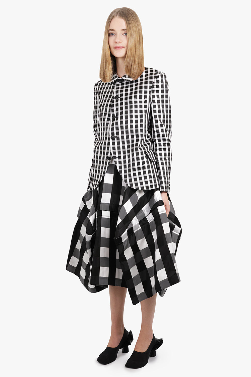 Round Collar Check Print Jacket With Curved Front | Black/White