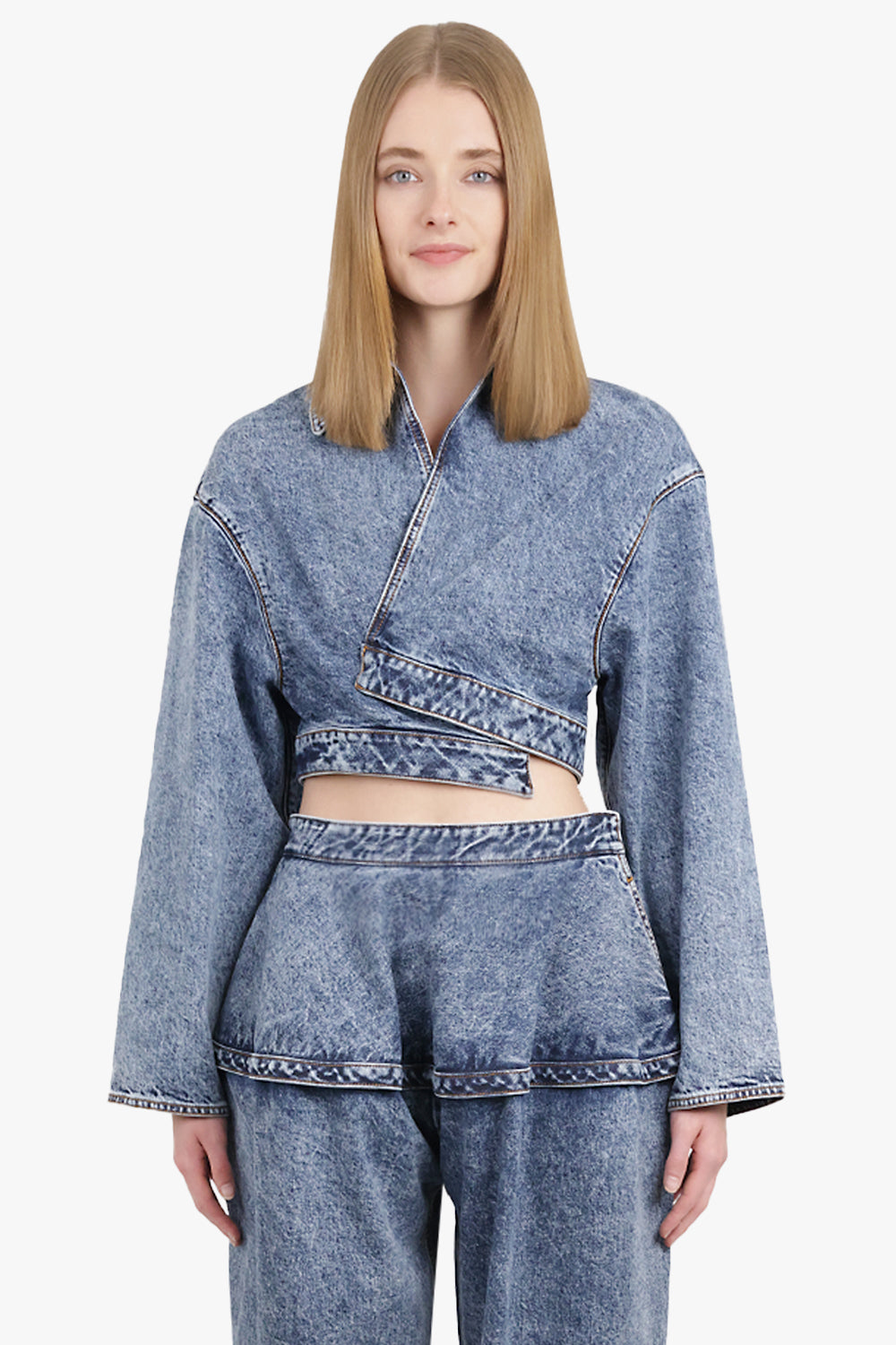 Spiral Wrap Cropped L/S Denim Jacket | Snow Blue