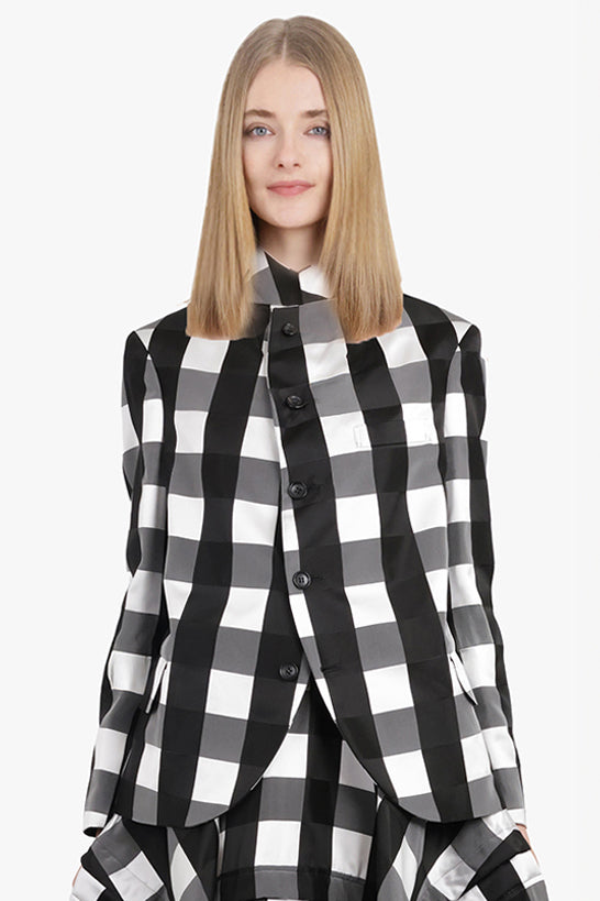 Big Check Print Tailored Jacket With Curved Front | Black/White