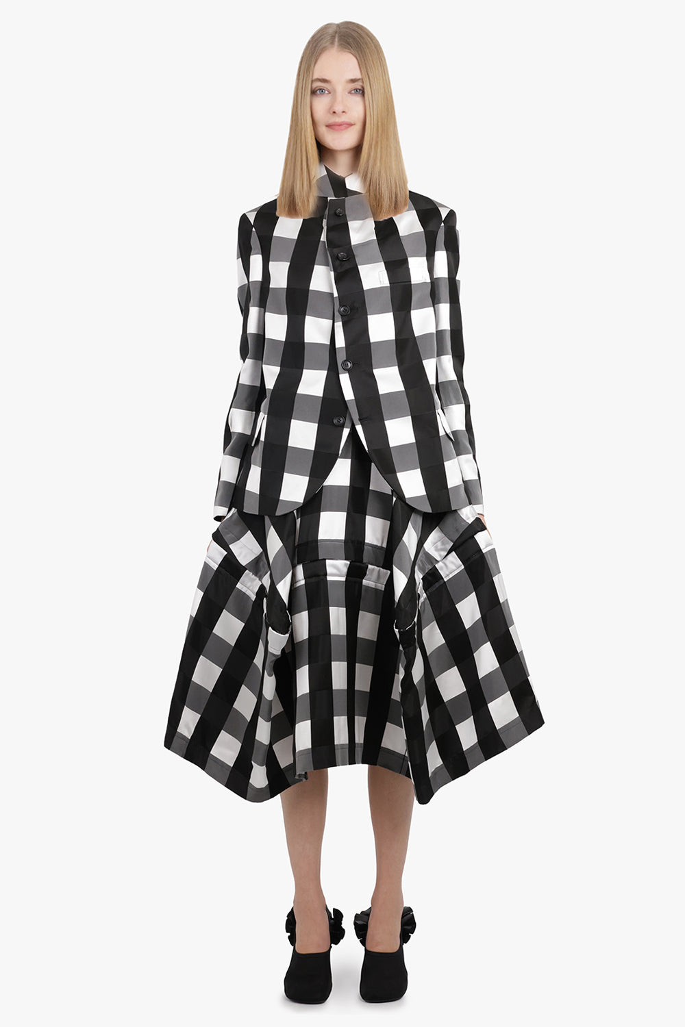 Big Check Print Tailored Jacket With Curved Front | Black/White
