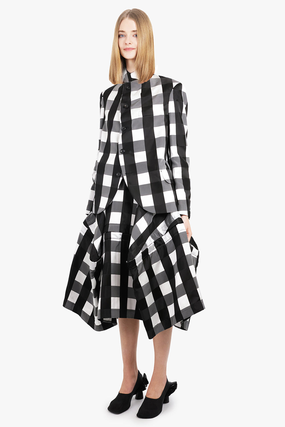 Big Check Print Tailored Jacket With Curved Front | Black/White