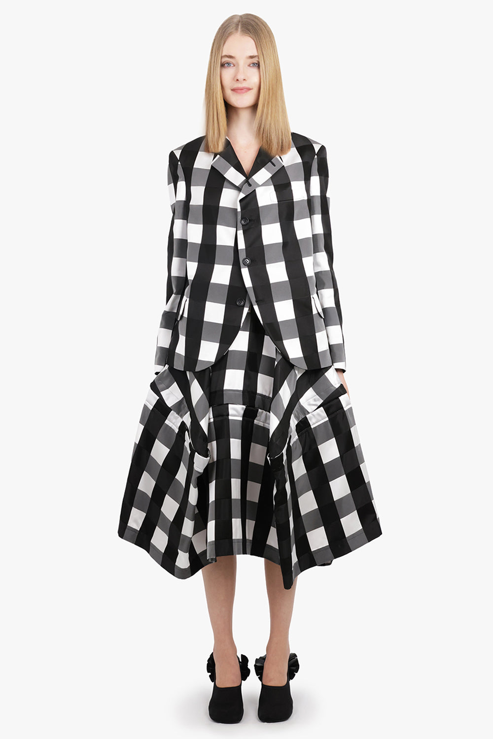 Big Check Print Tailored Jacket With Curved Front | Black/White