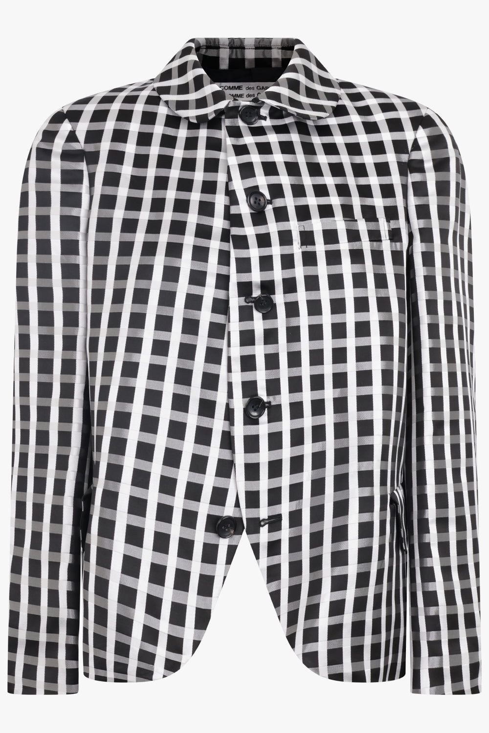 Round Collar Check Print Jacket With Curved Front | Black/White