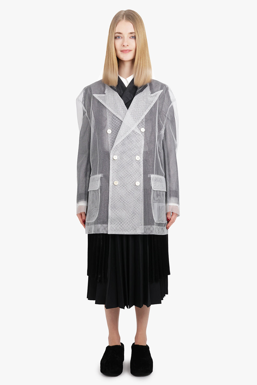 Layered Double Breasted Tulle X Organza Jacket | Black/Silver