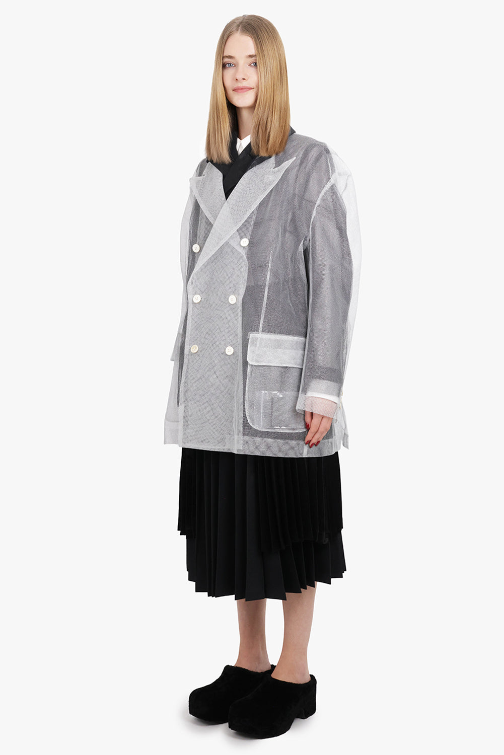 Layered Double Breasted Tulle X Organza Jacket | Black/Silver
