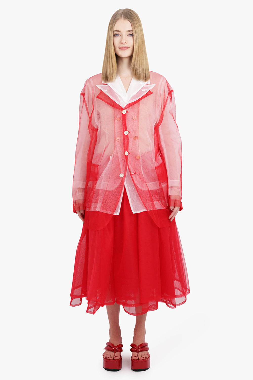 Layered Single Breasted Tulle X Organza Jacket | Red/White