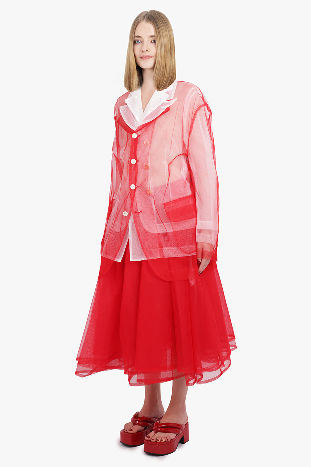 Layered Single Breasted Tulle X Organza Jacket | Red/White
