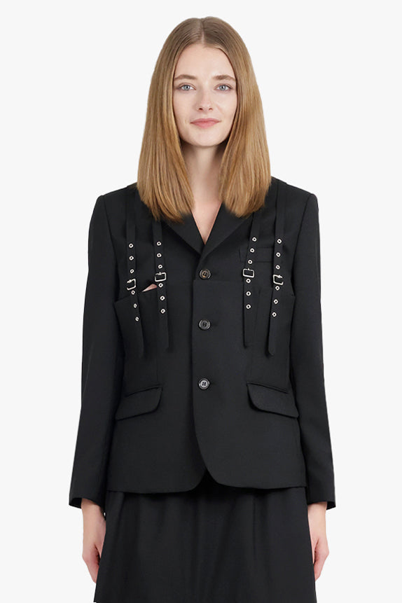 Single Breasted Suspender Detail Jacket | Black