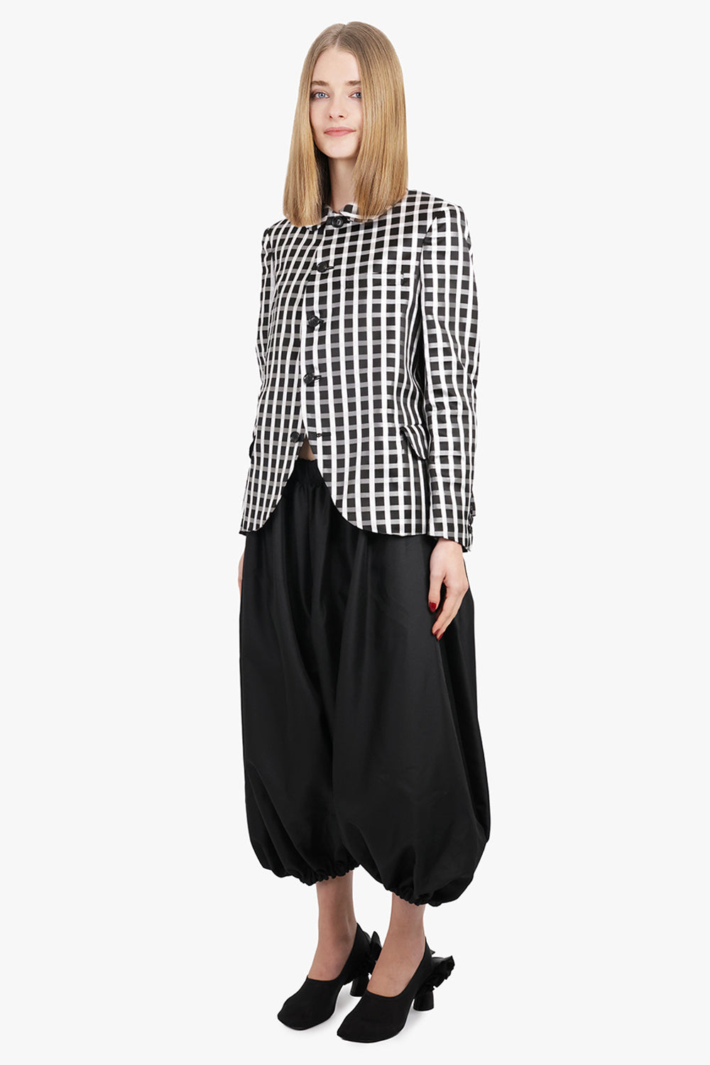 Round Collar Check Print Jacket With Curved Front | Black/White