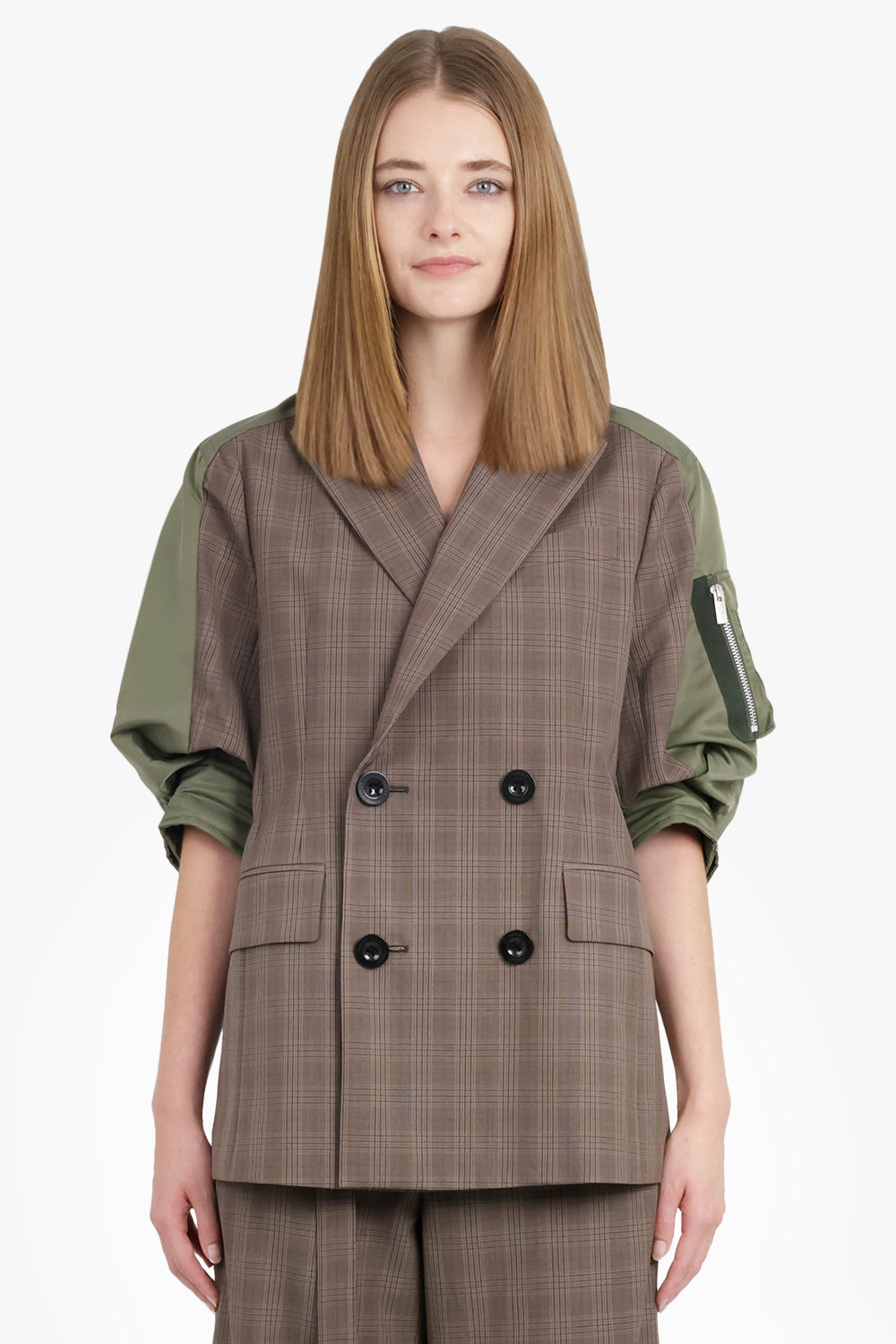 Contrast Balloon S/S Double Breasted Check Jacket | Brown/Green