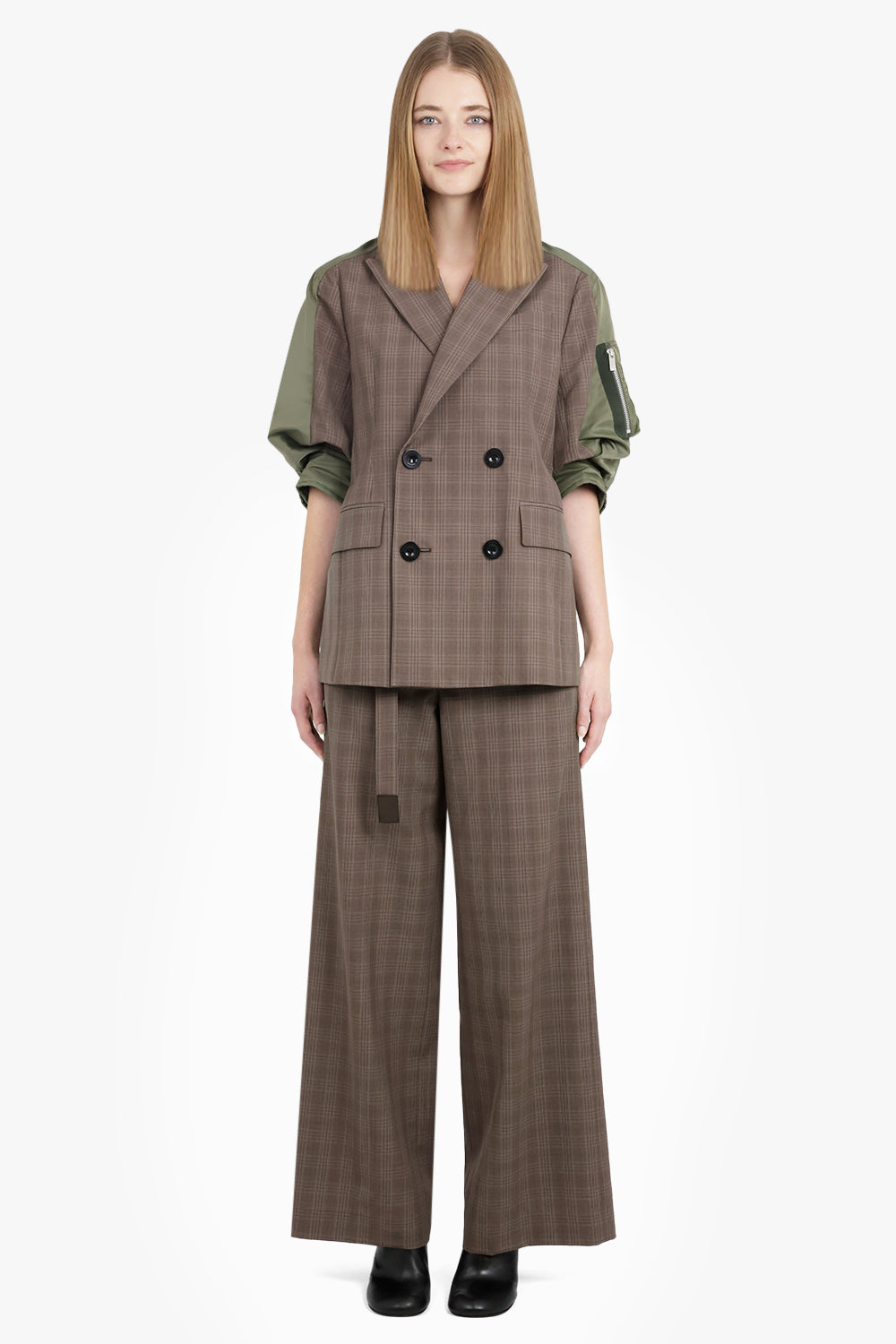 Contrast Balloon S/S Double Breasted Check Jacket | Brown/Green