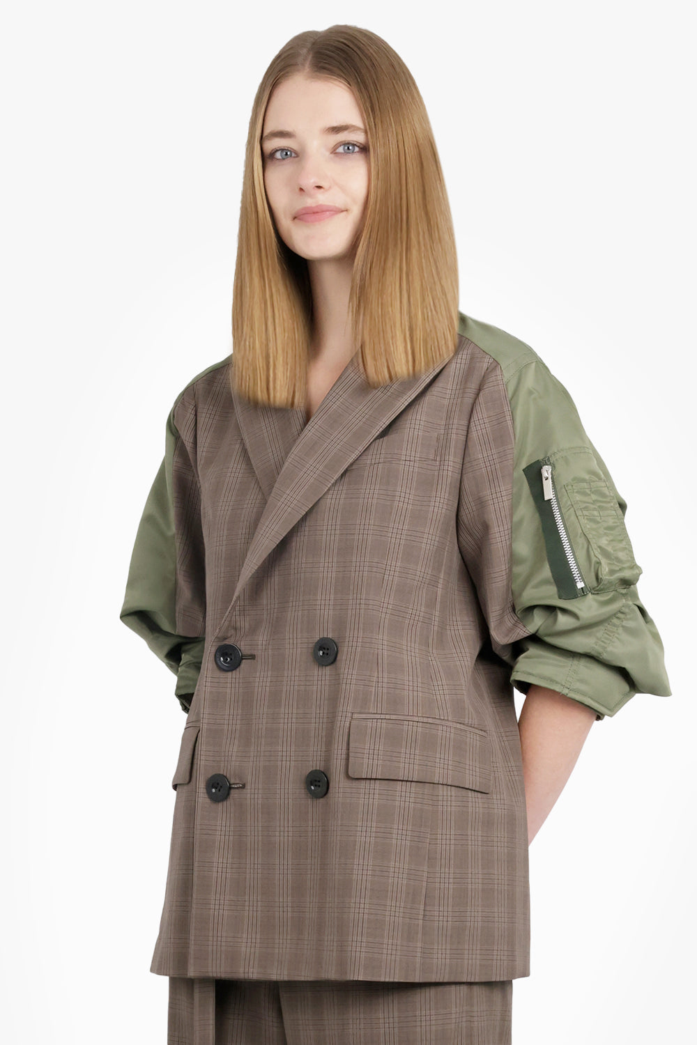 Contrast Balloon S/S Double Breasted Check Jacket | Brown/Green