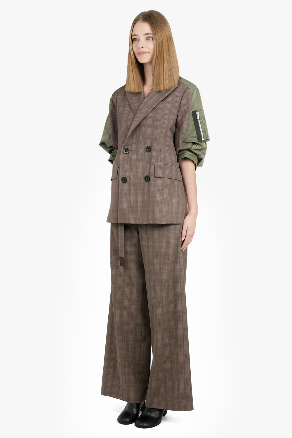 Contrast Balloon S/S Double Breasted Check Jacket | Brown/Green