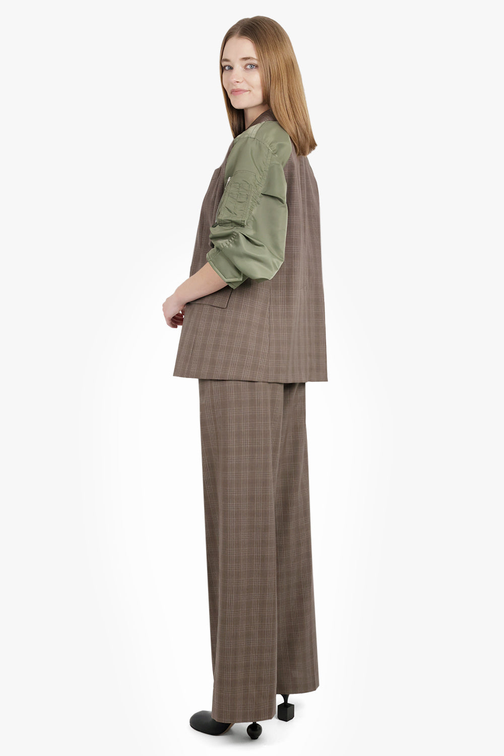 Contrast Balloon S/S Double Breasted Check Jacket | Brown/Green
