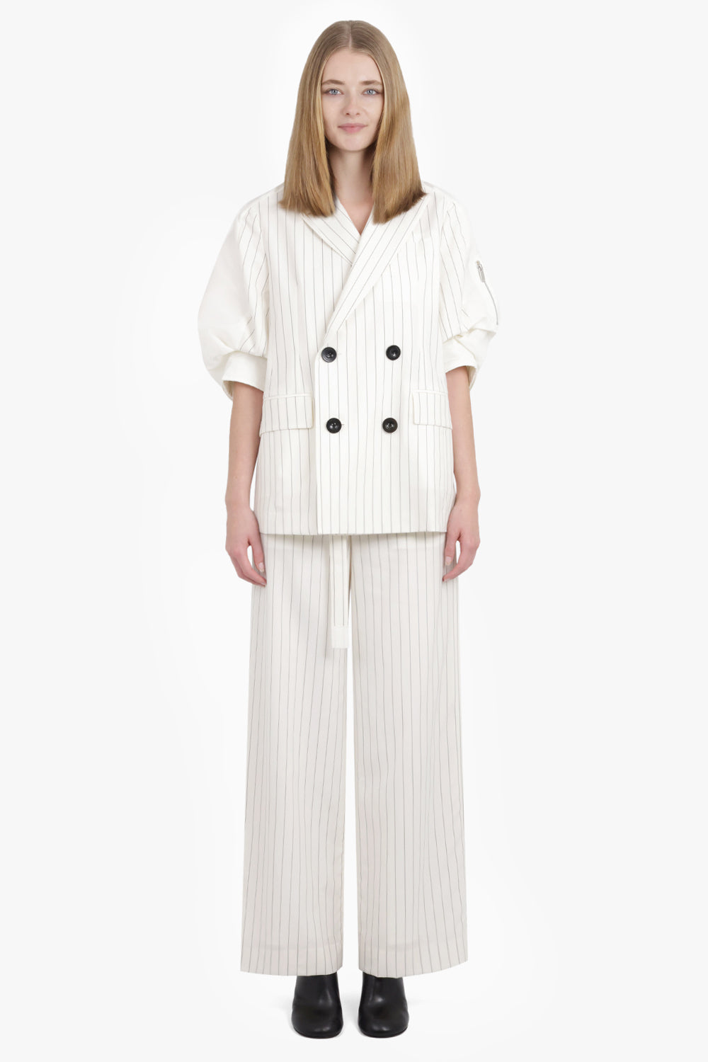 Contrast Balloon S/S Double Breasted Stripe Jacket | Off White/Black