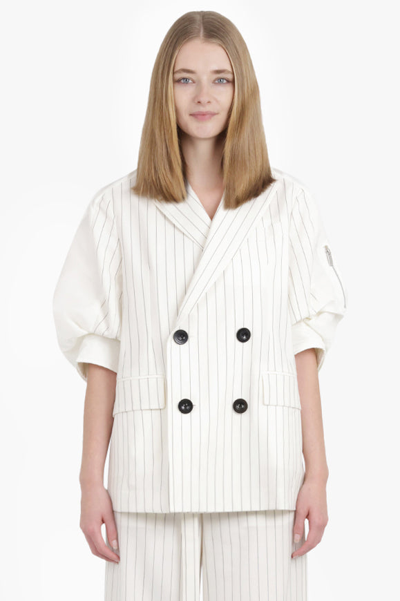 Contrast Balloon S/S Double Breasted Stripe Jacket | Off White/Black