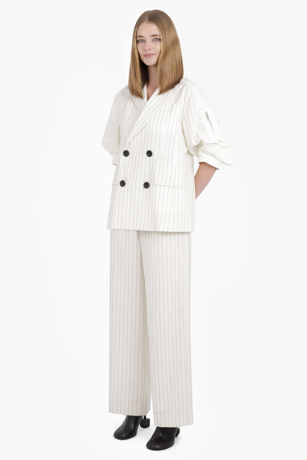 Contrast Balloon S/S Double Breasted Stripe Jacket | Off White/Black