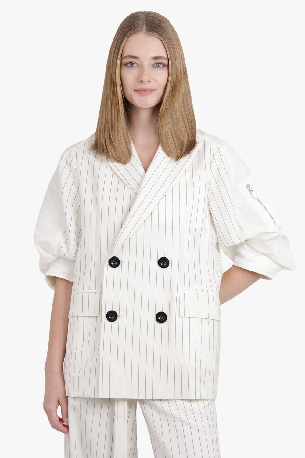 Contrast Balloon S/S Double Breasted Stripe Jacket | Off White/Black