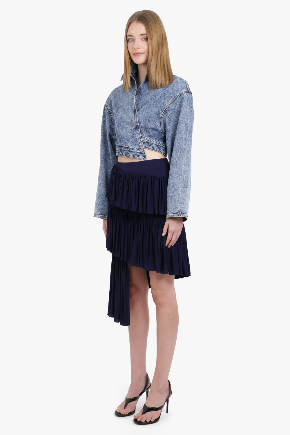 Spiral Wrap Cropped L/S Denim Jacket | Snow Blue
