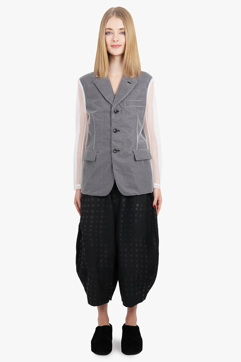 Tulle Overlay Tailored Jacket With Sheer Sleeves | Black/Silver/White