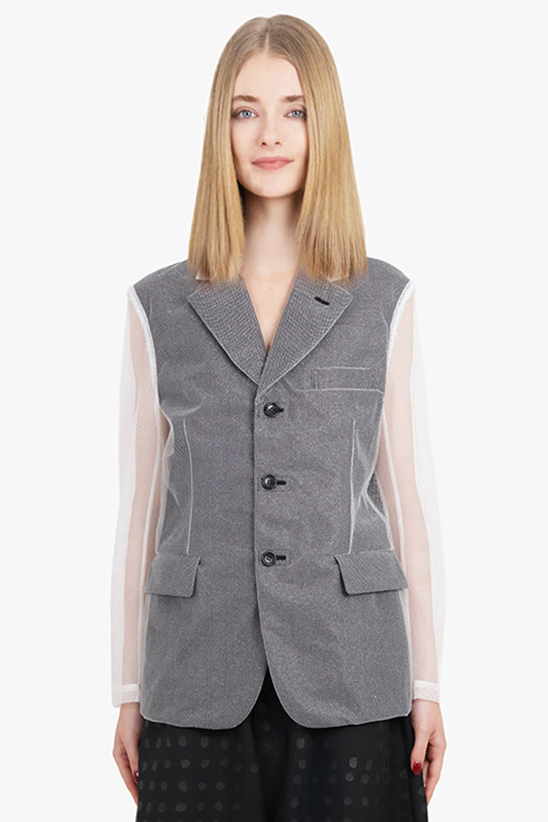 Tulle Overlay Tailored Jacket With Sheer Sleeves | Black/Silver/White