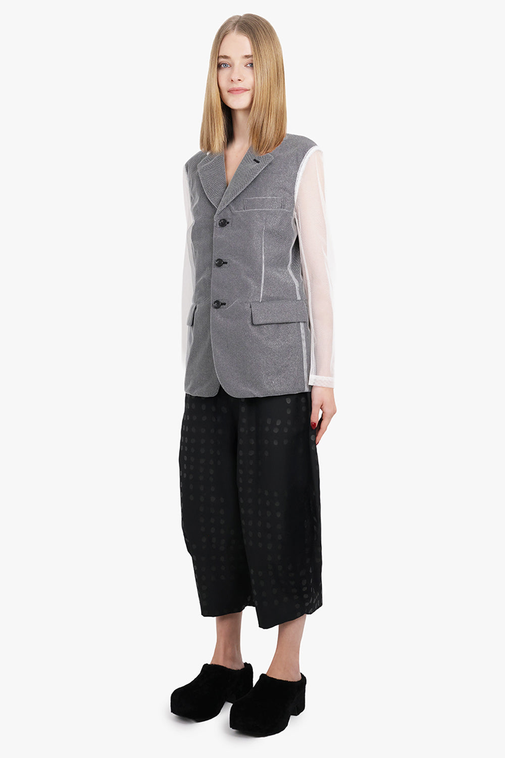 Tulle Overlay Tailored Jacket With Sheer Sleeves | Black/Silver/White