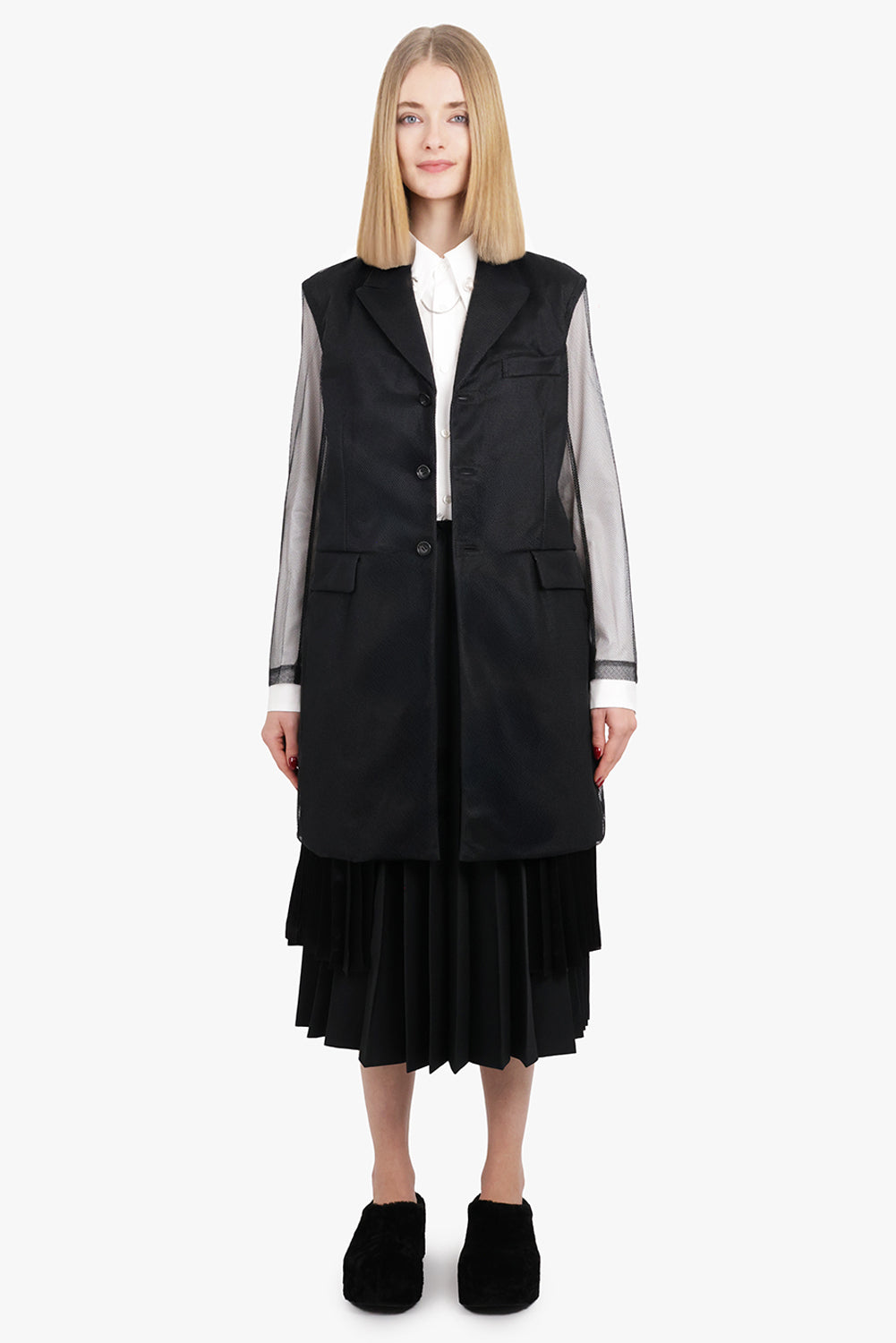 Tulle Overlay Tailored Long Coat With Sheer Sleeves | Black