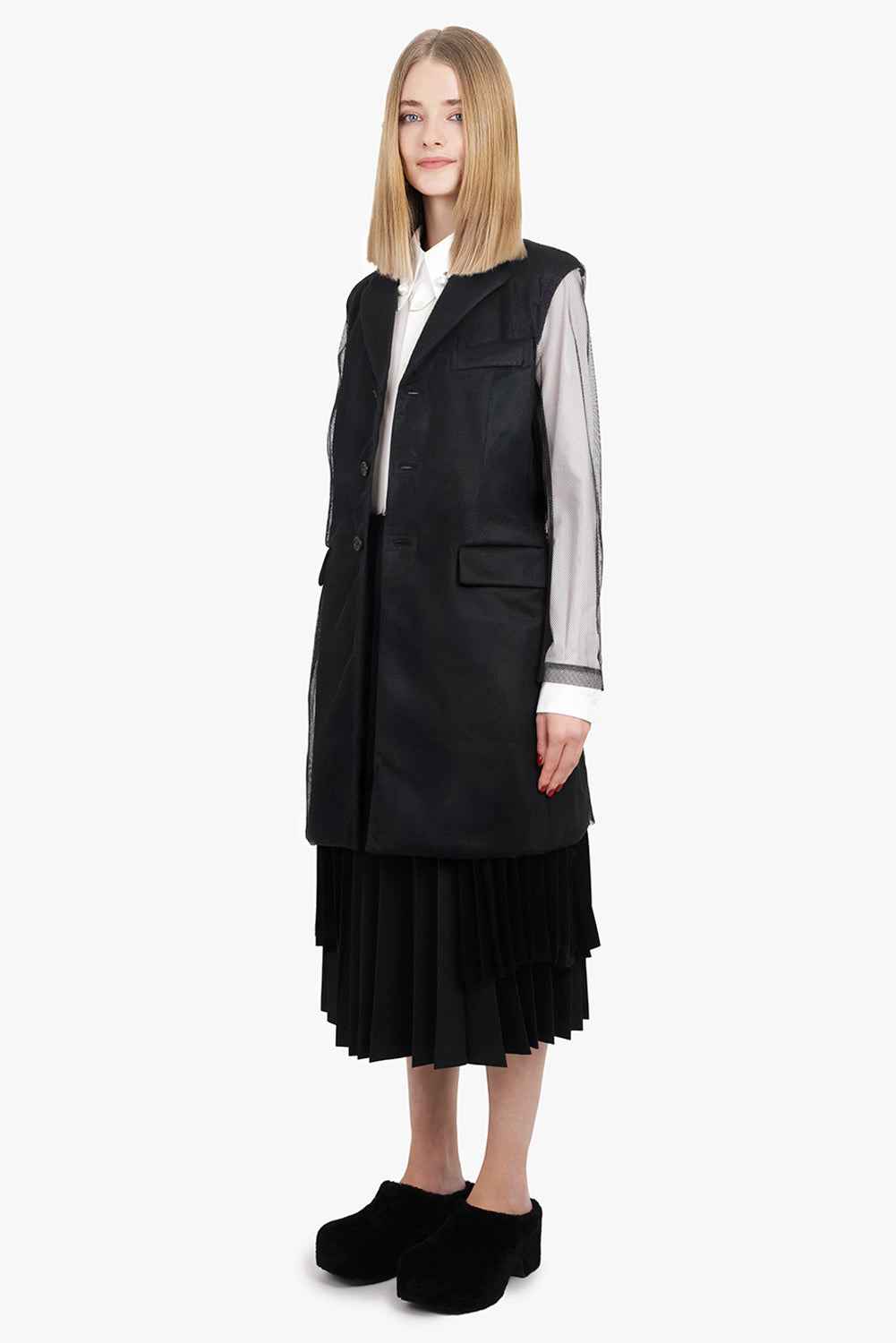 Tulle Overlay Tailored Long Coat With Sheer Sleeves | Black