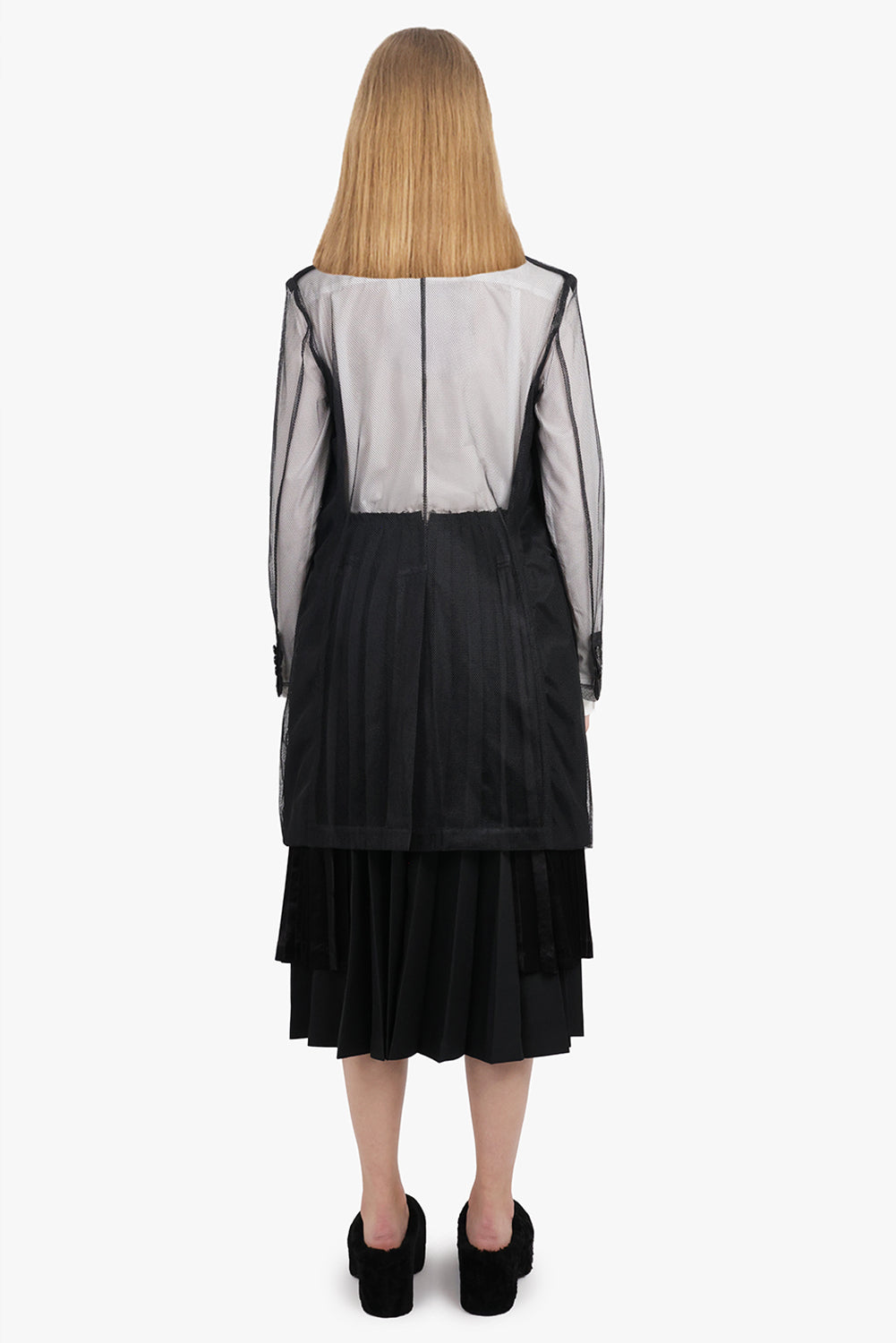 Tulle Overlay Tailored Long Coat With Sheer Sleeves | Black