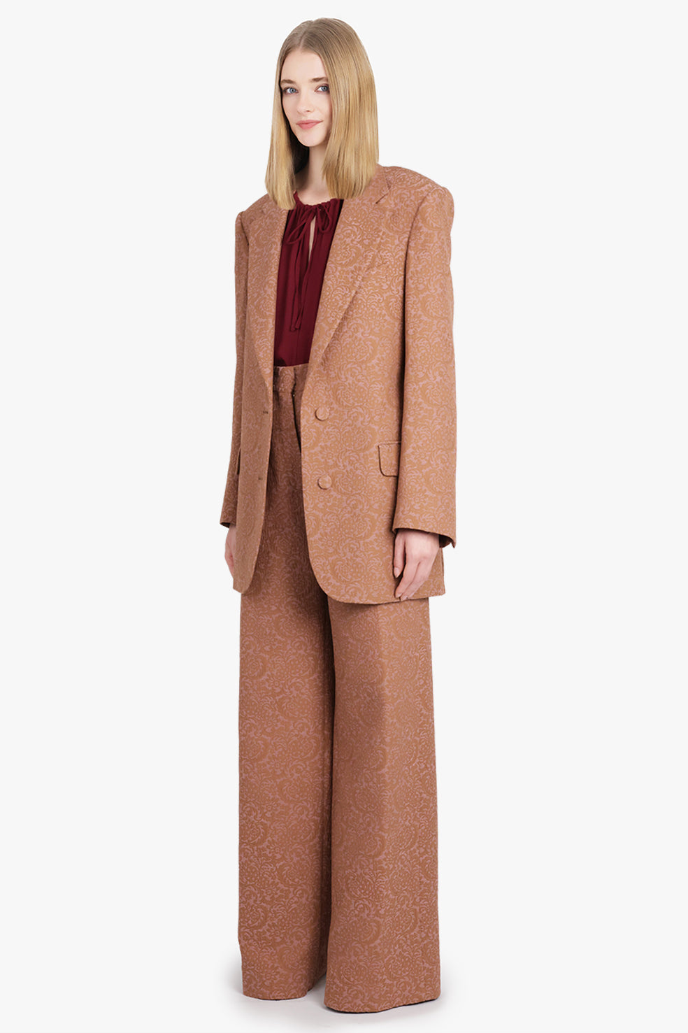 Basti Tapestry Floral Jacquard Single Breasted Jacket | Peach/Brown