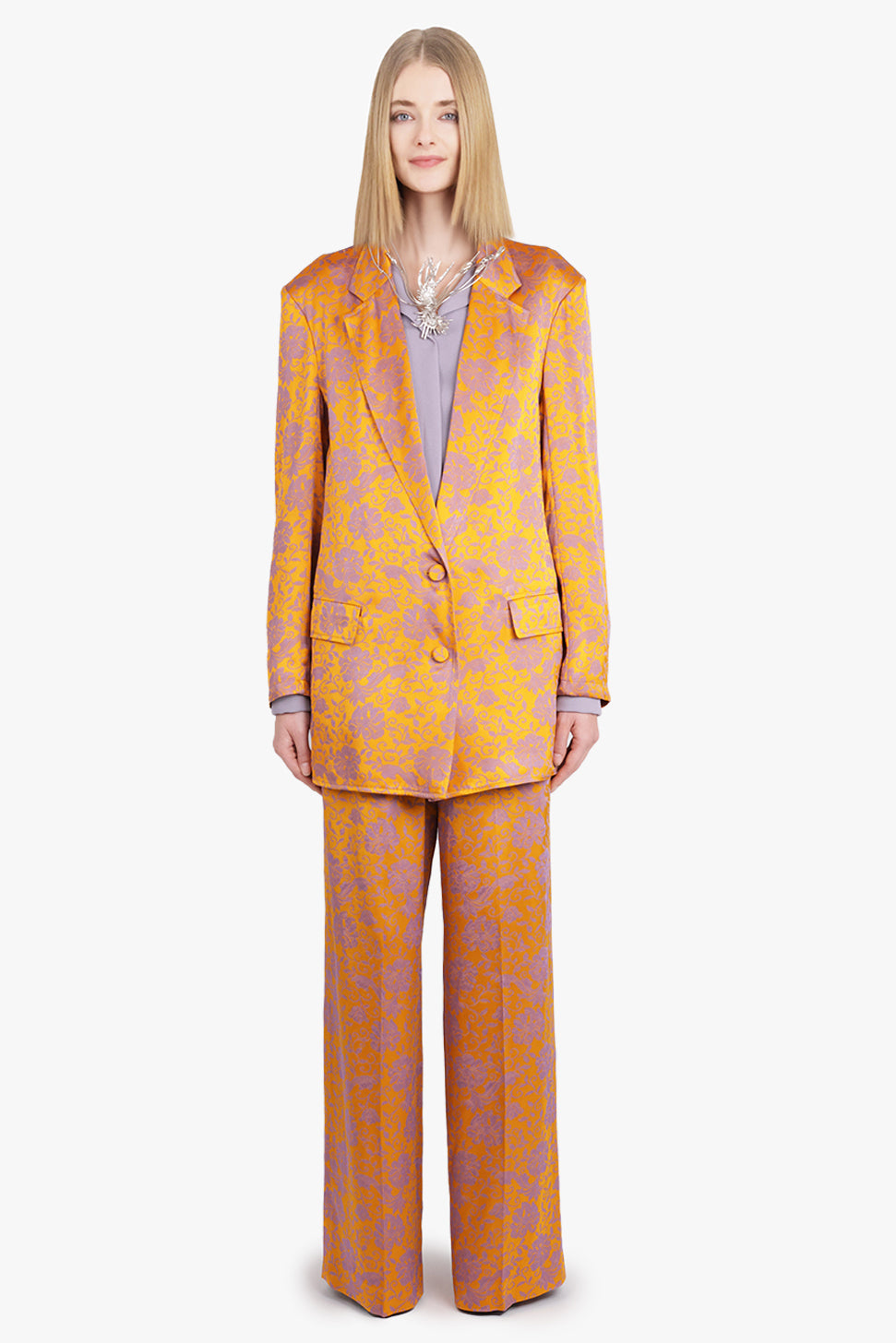 Basti Floral Jacquard Single Breasted  Jacket | Mandarin/Lilac