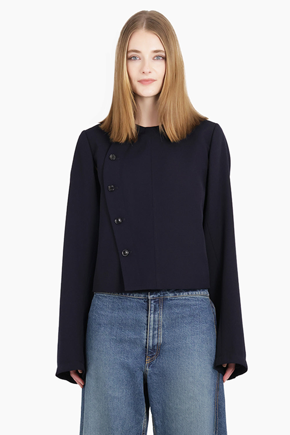 Asymmetric Button L/S Jacket | Navy