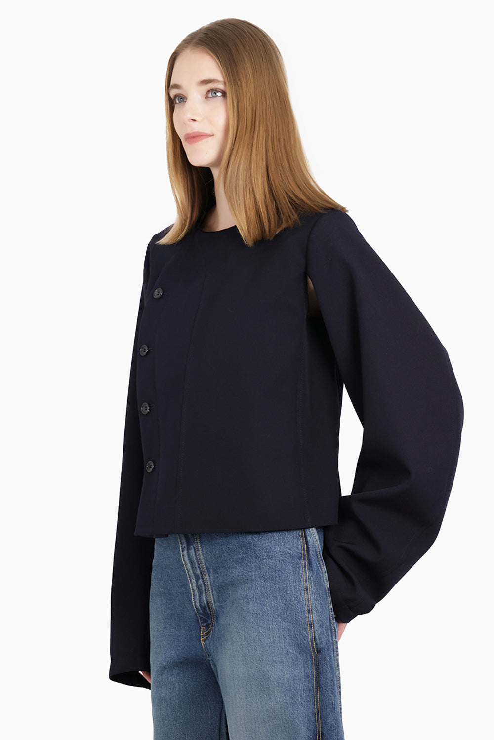 Asymmetric Button L/S Jacket | Navy