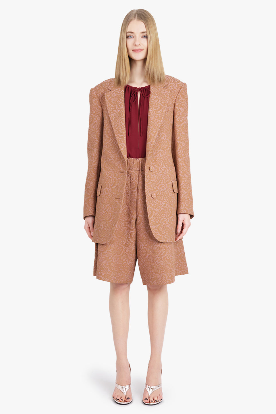 Basti Tapestry Floral Jacquard Single Breasted Jacket | Peach/Brown