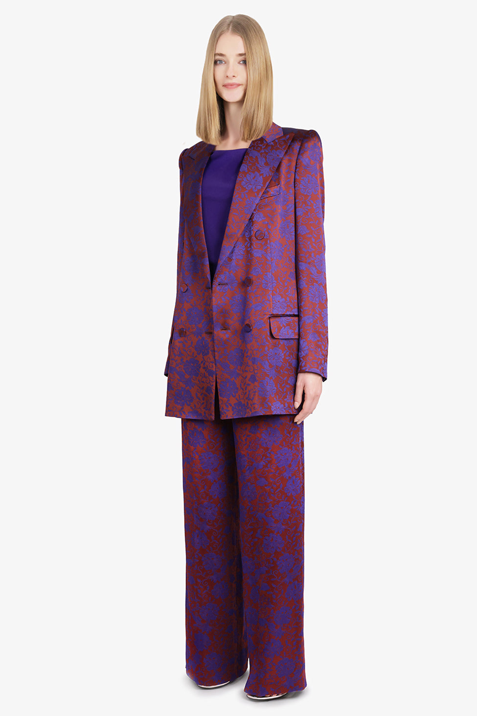 Byla Floral Jacquard Double Breasted Jacket | Burgundy/Purple